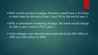 With a niche product strategy, Precision would have a 3% share
in retail sales by the end of year 1 and 5% by the end of year 2.
With a mainstream marketing strategy, the same would change
to 10% in year 1 and 14.7% in year 2.
Total category unit volumes were expected to be 268 million in
1993 and 300 million in 1994.
 