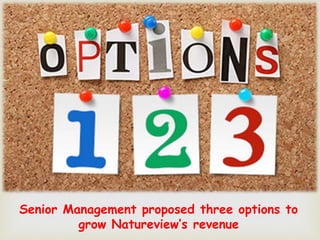 
Senior Management proposed three options to
grow Natureview’s revenue
 