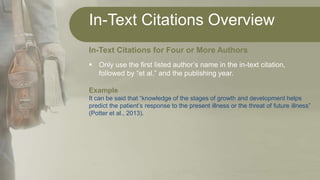 In-Text Citations Overview
In-Text Citations for Four or More Authors
 Only use the first listed author’s name in the in-text citation,
followed by “et al.” and the publishing year.
Example
It can be said that “knowledge of the stages of growth and development helps
predict the patient’s response to the present illness or the threat of future illness”
(Potter et al., 2013).
 