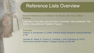 Reference Lists Overview
.
Harvard Reference List Citations for Books with Two or More
Authors
Last name, First initial. and Last name, First Initial. (Year published). Title.
Edition. City published: Publisher, Page(s).
Example:
Desikan, S. and Ramesh, G. (2006). Software testing. Bangalore: Dorling Kindersley,
p.156.
Vermaat, M., Sebok, S., Freund, S., Campbell, J. and Frydenberg, M. (2014).
Discovering computers. Boston: Cengage Learning, pp.446-448.
 