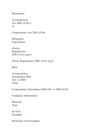Parliament
(Corporations
Act 2001 (Cth) s
3)
Corporations Act 2001 (Cth).
Delegated
Legislation
(Police
Regulations
2003 (Vic) reg 6.
Police Regulations 2003 (Vic) reg 6.
Bills
(Corporations
Amendment Bill
(No 1) 2005
(Cth)
Corporations Amendment Bill (No 1) 2005 (Cth).
Company Information
Material
Type
In-Text
Example
Reference List Example
 
