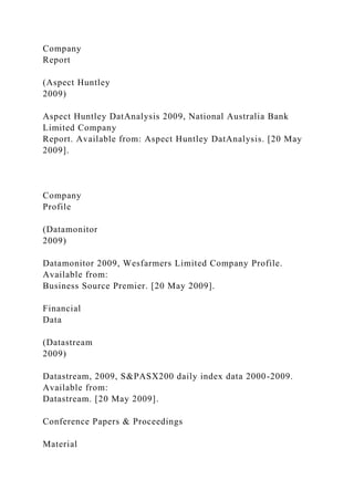 Company
Report
(Aspect Huntley
2009)
Aspect Huntley DatAnalysis 2009, National Australia Bank
Limited Company
Report. Available from: Aspect Huntley DatAnalysis. [20 May
2009].
Company
Profile
(Datamonitor
2009)
Datamonitor 2009, Wesfarmers Limited Company Profile.
Available from:
Business Source Premier. [20 May 2009].
Financial
Data
(Datastream
2009)
Datastream, 2009, S&PASX200 daily index data 2000-2009.
Available from:
Datastream. [20 May 2009].
Conference Papers & Proceedings
Material
 
