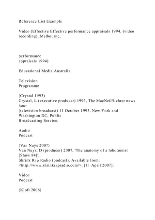 Reference List Example
Video (Effective Effective performance appraisals 1994, (video
recording), Melbourne,
performance
appraisals 1994)
Educational Media Australia.
Television
Programme
(Crystal 1993)
Crystal, L (executive producer) 1993, The MacNeil/Lehrer news
hour
(television broadcast) 11 October 1993, New York and
Washington DC, Public
Broadcasting Service.
Audio
Podcast
(Van Nuys 2007)
Van Nuys, D (producer) 2007, 'The anatomy of a lobotomist
[Show 84]',
Shrink Rap Radio (podcast). Available from:
<http://www.shrinkrapradio.com/>. [11 April 2007].
Video
Podcast
(Kloft 2006)
 