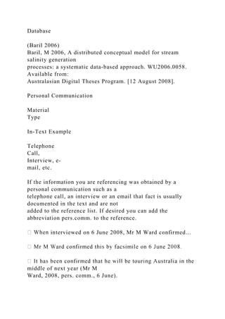 Database
(Baril 2006)
Baril, M 2006, A distributed conceptual model for stream
salinity generation
processes: a systematic data-based approach. WU2006.0058.
Available from:
Australasian Digital Theses Program. [12 August 2008].
Personal Communication
Material
Type
In-Text Example
Telephone
Call,
Interview, e-
mail, etc.
If the information you are referencing was obtained by a
personal communication such as a
telephone call, an interview or an email that fact is usually
documented in the text and are not
added to the reference list. If desired you can add the
abbreviation pers.comm. to the reference.
interviewed on 6 June 2008, Mr M Ward confirmed...
middle of next year (Mr M
Ward, 2008, pers. comm., 6 June).
 