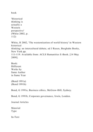 book
'Historical
thinking is
actually a
Western
perspective'
(White 2002, p.
112)
White, H 2002, 'The westernization of world history' in Western
historical
thinking: an intercultural debate, ed J Rusen, Berghahn Books,
New York pp.
111-119. Available from: ACLS Humanities E-Book. [14 May
2009].
Book:
Different
Works by
Same Author
in Same Year
(Bond 1991a)
(Bond 1991b)
Bond, G 1991a, Business ethics, McGraw-Hill, Sydney.
Bond, G 1991b, Corporate governance, Irwin, London.
Journal Articles
Material
Type
In-Text
 