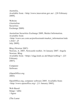 Australia,
Available from: <http://www.innovation.gov.au>. [28 February
2009].
Website
(Australian
Securities
Exchange 2009)
Australian Securities Exchange 2009, Market Information.
Available from:
<http://www.asx.com.au/professionals/market_information/inde
x.htm>. [5
July 2009].
Blog (Newton 2007)
Newton, A. 2007, Newcastle toolkit. 16 January 2007. Angela
Newton: Blog.
Available from: <https://elgg.leeds.ac.uk/libajn/weblog/>. [23
February
2007].
Computer
Software
(OpenOffice.org
2005)
OpenOffice.org, computer software 2005. Available from:
<http://www.openoffice.org>. [11 January 2005].
Web Based
Image / table
/ figure
(The Lunar
 