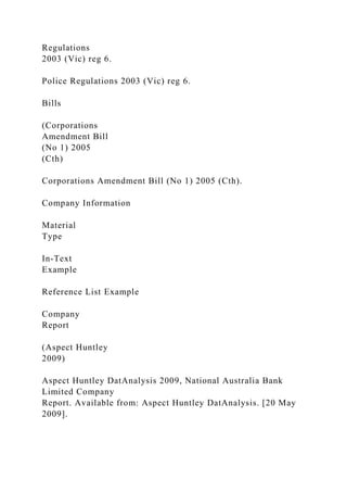 Regulations
2003 (Vic) reg 6.
Police Regulations 2003 (Vic) reg 6.
Bills
(Corporations
Amendment Bill
(No 1) 2005
(Cth)
Corporations Amendment Bill (No 1) 2005 (Cth).
Company Information
Material
Type
In-Text
Example
Reference List Example
Company
Report
(Aspect Huntley
2009)
Aspect Huntley DatAnalysis 2009, National Australia Bank
Limited Company
Report. Available from: Aspect Huntley DatAnalysis. [20 May
2009].
 