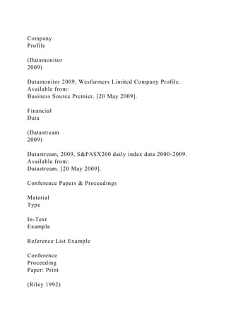 Company
Profile
(Datamonitor
2009)
Datamonitor 2009, Wesfarmers Limited Company Profile.
Available from:
Business Source Premier. [20 May 2009].
Financial
Data
(Datastream
2009)
Datastream, 2009, S&PASX200 daily index data 2000-2009.
Available from:
Datastream. [20 May 2009].
Conference Papers & Proceedings
Material
Type
In-Text
Example
Reference List Example
Conference
Proceeding
Paper: Print
(Riley 1992)
 
