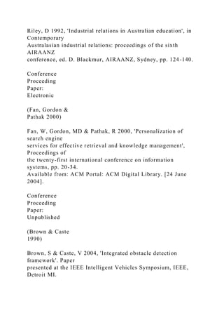 Riley, D 1992, 'Industrial relations in Australian education', in
Contemporary
Australasian industrial relations: proceedings of the sixth
AIRAANZ
conference, ed. D. Blackmur, AIRAANZ, Sydney, pp. 124-140.
Conference
Proceeding
Paper:
Electronic
(Fan, Gordon &
Pathak 2000)
Fan, W, Gordon, MD & Pathak, R 2000, 'Personalization of
search engine
services for effective retrieval and knowledge management',
Proceedings of
the twenty-first international conference on information
systems, pp. 20-34.
Available from: ACM Portal: ACM Digital Library. [24 June
2004].
Conference
Proceeding
Paper:
Unpublished
(Brown & Caste
1990)
Brown, S & Caste, V 2004, 'Integrated obstacle detection
framework'. Paper
presented at the IEEE Intelligent Vehicles Symposium, IEEE,
Detroit MI.
 
