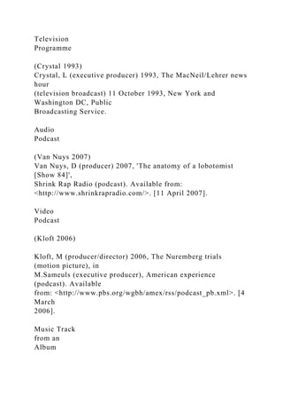 Television
Programme
(Crystal 1993)
Crystal, L (executive producer) 1993, The MacNeil/Lehrer news
hour
(television broadcast) 11 October 1993, New York and
Washington DC, Public
Broadcasting Service.
Audio
Podcast
(Van Nuys 2007)
Van Nuys, D (producer) 2007, 'The anatomy of a lobotomist
[Show 84]',
Shrink Rap Radio (podcast). Available from:
<http://www.shrinkrapradio.com/>. [11 April 2007].
Video
Podcast
(Kloft 2006)
Kloft, M (producer/director) 2006, The Nuremberg trials
(motion picture), in
M.Sameuls (executive producer), American experience
(podcast). Available
from: <http://www.pbs.org/wgbh/amex/rss/podcast_pb.xml>. [4
March
2006].
Music Track
from an
Album
 