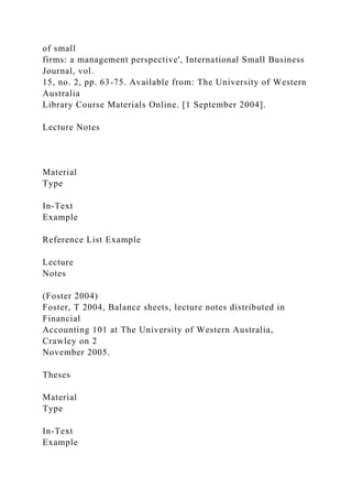 of small
firms: a management perspective', International Small Business
Journal, vol.
15, no. 2, pp. 63-75. Available from: The University of Western
Australia
Library Course Materials Online. [1 September 2004].
Lecture Notes
Material
Type
In-Text
Example
Reference List Example
Lecture
Notes
(Foster 2004)
Foster, T 2004, Balance sheets, lecture notes distributed in
Financial
Accounting 101 at The University of Western Australia,
Crawley on 2
November 2005.
Theses
Material
Type
In-Text
Example
 
