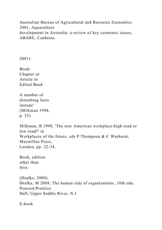 Australian Bureau of Agricultural and Resource Economics
2001, Aquaculture
development in Australia: a review of key economic issues,
ABARE, Canberra.
2001)
Book:
Chapter or
Article in
Edited Book
A number of
disturbing facts
intrude'
(Milkman 1998,
p. 25)
Milkman, R 1998, 'The new American workplace:high road or
low road?' in
Workplaces of the future, eds P Thompson & C Warhurst,
Macmillan Press,
London, pp. 22-34.
Book, edition
other than
first.
(Drafke, 2009)
Drafke, M 2009, The human side of organizations, 10th edn,
Pearson/Prentice
Hall, Upper Saddle River, N.J
E-book
 