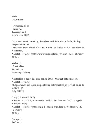 Web
Document
(Department of
Industry,
Tourism and
Resources 2006)
Department of Industry, Tourism and Resources 2006, Being
Prepared for an
Influenza Pandemic: a Kit for Small Businesses, Government of
Australia,
Available from: <http://www.innovation.gov.au>. [28 February
2009].
Website
(Australian
Securities
Exchange 2009)
Australian Securities Exchange 2009, Market Information.
Available from:
<http://www.asx.com.au/professionals/market_information/inde
x.htm>. [5
July 2009].
Blog (Newton 2007)
Newton, A. 2007, Newcastle toolkit. 16 January 2007. Angela
Newton: Blog.
Available from: <https://elgg.leeds.ac.uk/libajn/weblog/>. [23
February
2007].
Computer
Software
 