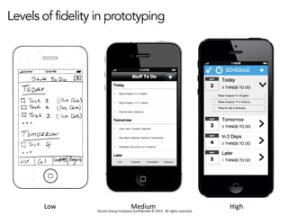 Occom	
  Group	
  Company	
  Conﬁden1al	
  ©	
  2013	
  	
  	
  All	
  rights	
  reserved.	
  	
  
Levels of fidelity in prototyping
Low	
   Medium	
   High	
  
 