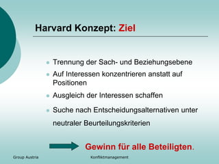 Group Austria Konfliktmanagement
Harvard Konzept: Ziel
 Trennung der Sach- und Beziehungsebene
 Auf Interessen konzentrieren anstatt auf
Positionen
 Ausgleich der Interessen schaffen
 Suche nach Entscheidungsalternativen unter
neutraler Beurteilungskriterien
Gewinn für alle Beteiligten.
 