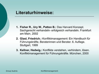 Group Austria Konfliktmanagement
Literaturhinweise:
1. Fisher R., Ury W., Patton B.: Das Harvard Konzept.
Sachgerecht verhandeln- erfolgreich verhandeln. Frankfurt
am Main, 2002
2. Glasl, Friedrich.: Konfliktmanagement: Ein Handbuch für
Führungskräfte, Beraterinnen und Berater. 6. Auflage.
Stuttgart, 1999
3. Kellner, Hedwig.: Konflikte verstehen, verhindern, lösen.
Konfliktmanagement für Führungskräfte. München, 2000
 