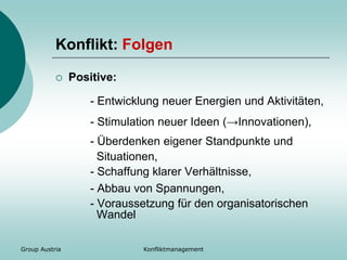 Group Austria Konfliktmanagement
Konflikt: Folgen
 Positive:
- Entwicklung neuer Energien und Aktivitäten,
- Stimulation neuer Ideen (→Innovationen),
- Überdenken eigener Standpunkte und
Situationen,
- Schaffung klarer Verhältnisse,
- Abbau von Spannungen,
- Voraussetzung für den organisatorischen
Wandel
 