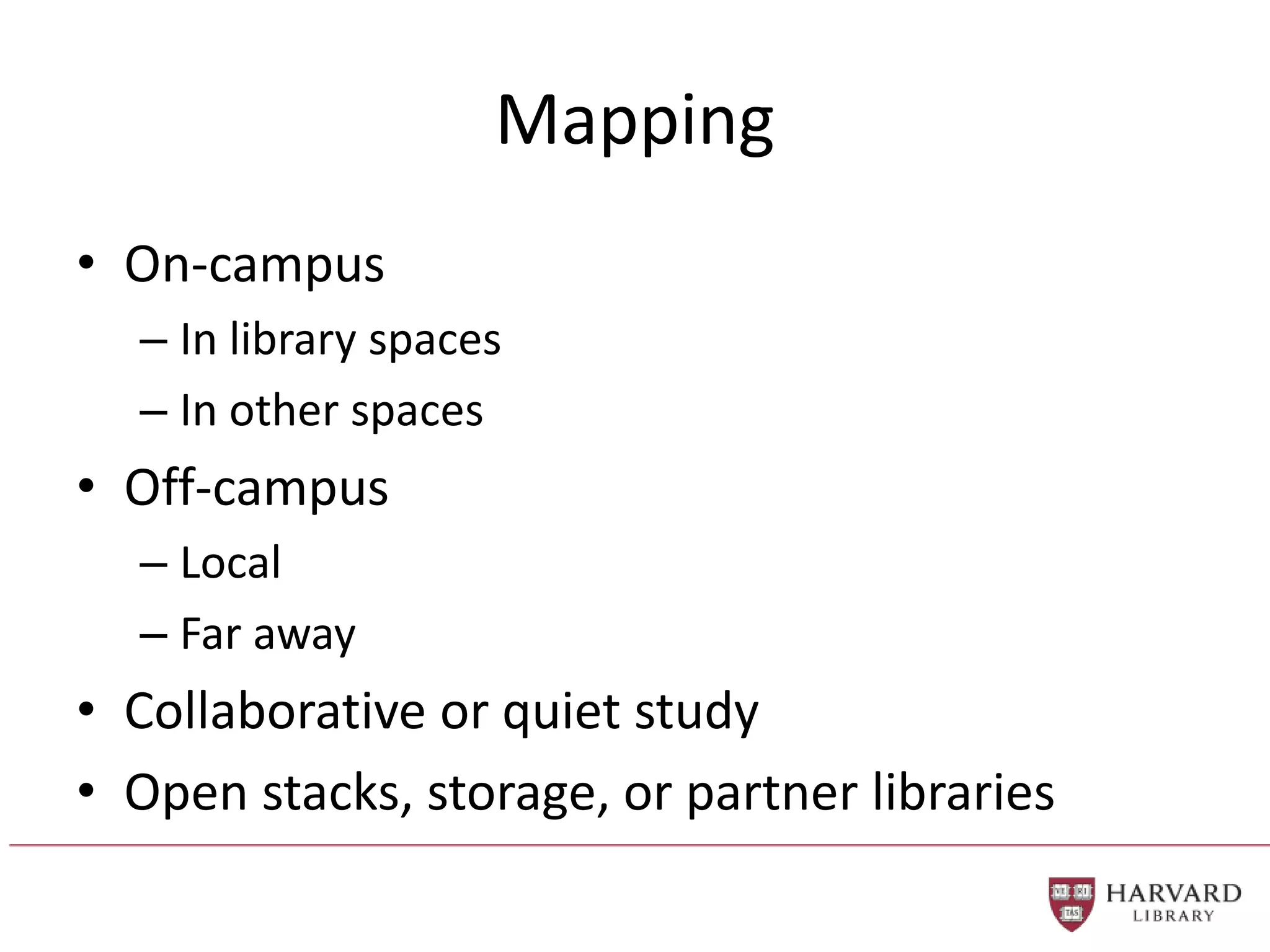 Mapping
• On-campus
– In library spaces
– In other spaces
• Off-campus
– Local
– Far away
• Collaborative or quiet study
• Open stacks, storage, or partner libraries
 