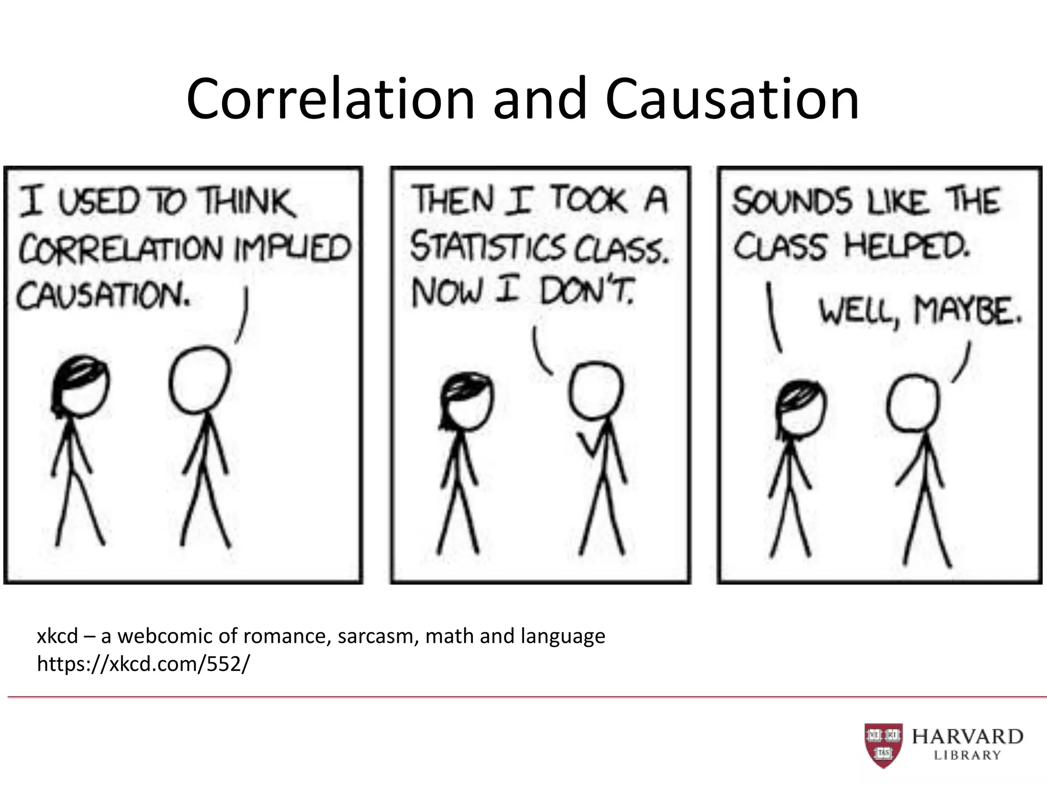 Correlation and Causation
xkcd – a webcomic of romance, sarcasm, math and language
https://xkcd.com/552/
 