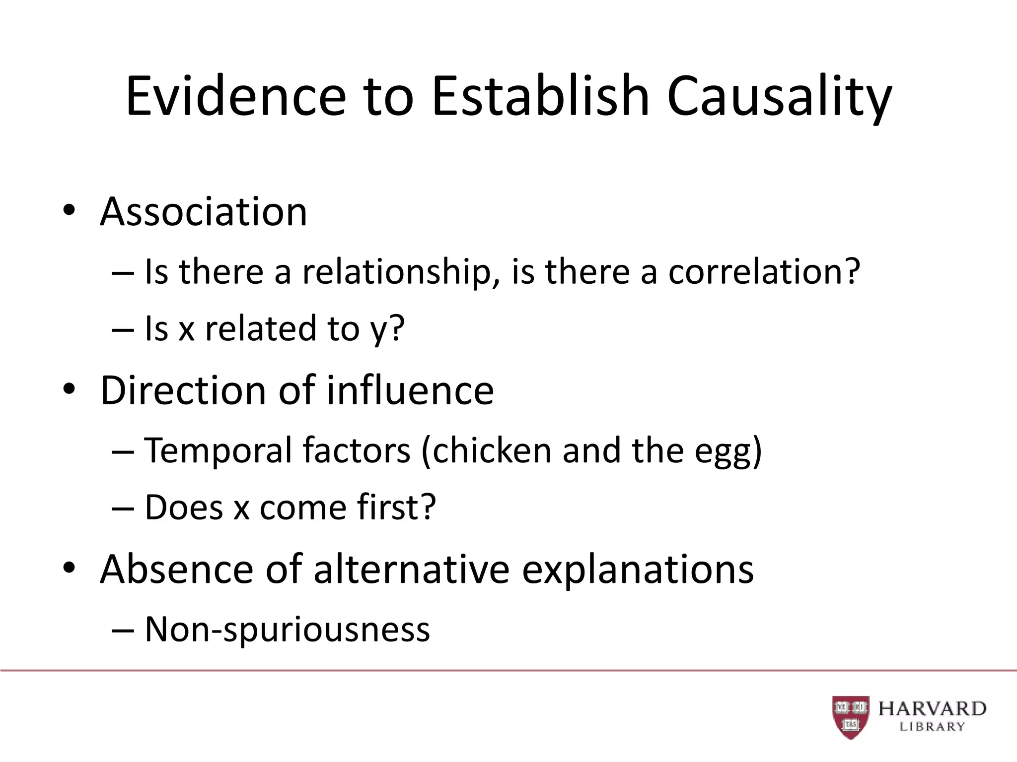 Evidence to Establish Causality
• Association
– Is there a relationship, is there a correlation?
– Is x related to y?
• Direction of influence
– Temporal factors (chicken and the egg)
– Does x come first?
• Absence of alternative explanations
– Non-spuriousness
 