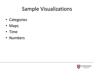 Sample Visualizations
• Categories
• Maps
• Time
• Numbers
 