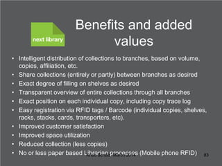 Benefits and added
values
• Intelligent distribution of collections to branches, based on volume,
copies, affiliation, etc...