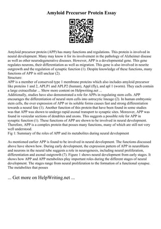 Amyloid Precursor Protein Essay
Amyloid precursor protein (APP) has many functions and regulations. This protein is involved in
neural development. Many may know it for its involvement in the pathology of Alzheimer disease
as well as other neurodegenerative diseases. However, APP is a developmental gene. This gene
regulates neurons, their differentiation as well as migration. This gene is also involved in neurite
outgrowth and the regulation of synaptic function (1). Despite knowledge of these functions, many
functions of APP is still unclear (2).
Structure:
APP is a member of conserved type 1 membrane proteins which also includes amyloid precursor
like proteins 1 and 2, APLP1 and APLP2 (human), Appl (fly), and apl 1 (worm). They each contain
a large extracellular ... Show more content on Helpwriting.net ...
Additionally, studies have also demonstrated a role for APPs in regulating stem cells. APP
encourages the differentiation of neural stem cells into astrocytic lineage (2). In human embryonic
stem cells, the over expression of APP or its soluble forms causes fast and strong differentiation
towards a neural fate (1). Another function of this protein that have been found in some studies
was that APP was shown to undergo rapid axonal transport to synaptic sites. Moreover, APP was
found in vesicular sections of dendrites and axons. This suggests a possible role for APP in
synaptic function (1). These functions of APP are shown to be involved in neural development.
Therefore, APP is a complex protein that posses many functions, many of which are still not very
well understood.
Fig 1: Summary of the roles of APP and its metabolites during neural development
As mentioned earlier APP is found to be involved in neural development. The functions discussed
above have shown how. During early development, the expression pattern of APP in neuroblasts
and neurons in the neural tube suggests a role in neurogenesis, including neural proliferation,
differentiation and axonal outgrowth (7). Figure 1 shows neural development from early stages. It
shows how APP and APP metabolites play important roles during the different stages of neural
development. The stages range from neural proliferation to the formation of a functional synapse.
The metabolites that posses
... Get more on HelpWriting.net ...
 