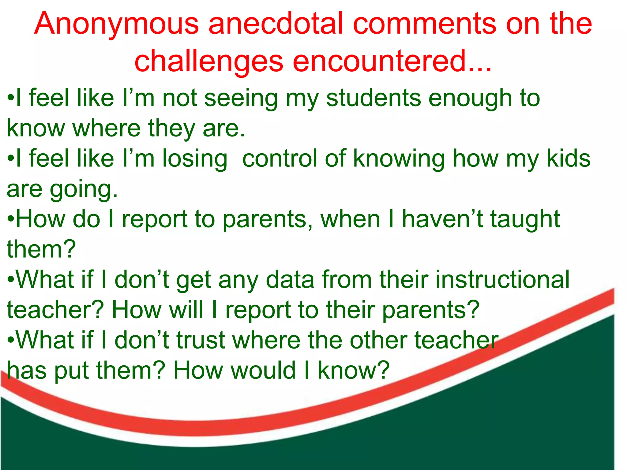 Anonymous anecdotal comments on the
                                                      Our aim
                                                       challenges encountered... in
                                                                     In sharing our work
•I feel like I’m not seeing my students enough to
                                 the Prepare Phase, we
know where they are.             aim to challenge all of
•I feel like I’m losing control of knowing cultures that
                                 us to build how my kids
are going.                       use the right drivers to
  Count on from one number to find the total of two collections




                                 realise the hope that
•How do I report to parents, when I haven’t taught
them?                            comes from creating the
•What if I don’t get any data from their needed to
                                 solutions instructional
teacher? How will I report to their parents? future
                                 ensure a better
•What if I don’t trust where thefor all. BELIEF
                                   other teacher
has put them? How would I know?
 