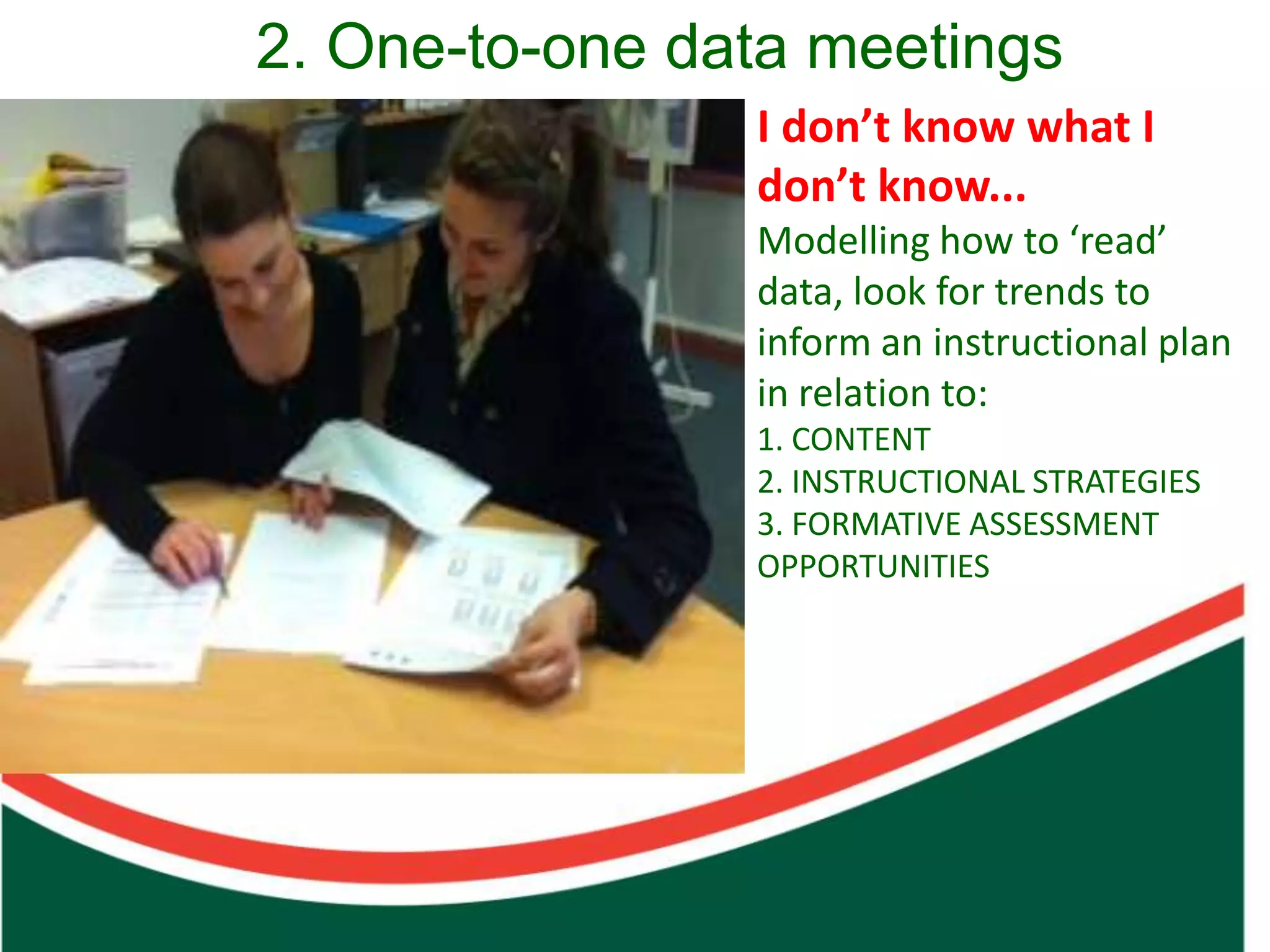 2. One-to-one data meetings
                                                                             I don’t know what I
                                                                             don’t know...
                                                                             Modelling how to ‘read’
                                                                             data, look for trends to
                                                                             inform an instructional plan
                                                                             in relation to:




             Count on from one number to find the total of two collections
                                                                             1. CONTENT
                                                                             2. INSTRUCTIONAL STRATEGIES
                                                                             3. FORMATIVE ASSESSMENT
                                                                             OPPORTUNITIES
 