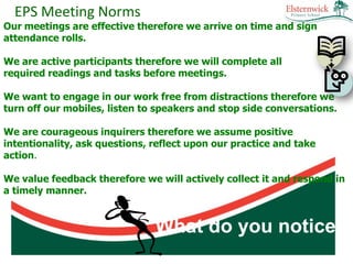EPS Meeting Norms
Our meetings are effective therefore we arrive on time and sign
attendance rolls.

We are active participants therefore we will complete all
required readings and tasks before meetings.

We want to engage in our work free from distractions therefore we
turn off our mobiles, listen to speakers and stop side conversations.

We are courageous inquirers therefore we assume positive
intentionality, ask questions, reflect upon our practice and take
action.

We value feedback therefore we will actively collect it and respond in
a timely manner.


                               What do you notice?
 