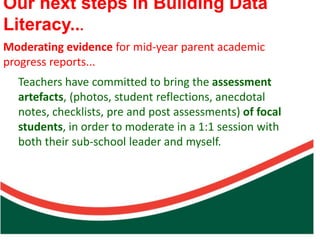 Our next steps in Building Data
Literacy...
Moderating evidence for mid-year parent academic
progress reports...
  Teachers have committed to bring the assessment
  artefacts, (photos, student reflections, anecdotal




                               Count on from one number to find the total of two collections
  notes, checklists, pre and post assessments) of focal
  students, in order to moderate in a 1:1 session with
  both their sub-school leader and myself.
 