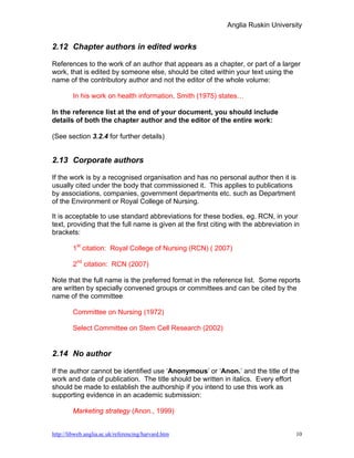 Anglia Ruskin University


2.12 Chapter authors in edited works

References to the work of an author that appears as a chapter, or part of a larger
work, that is edited by someone else, should be cited within your text using the
name of the contributory author and not the editor of the whole volume:

        In his work on health information, Smith (1975) states…

In the reference list at the end of your document, you should include
details of both the chapter author and the editor of the entire work:

(See section 3.2.4 for further details)


2.13 Corporate authors

If the work is by a recognised organisation and has no personal author then it is
usually cited under the body that commissioned it. This applies to publications
by associations, companies, government departments etc. such as Department
of the Environment or Royal College of Nursing.

It is acceptable to use standard abbreviations for these bodies, eg. RCN, in your
text, providing that the full name is given at the first citing with the abbreviation in
brackets:

        1st citation: Royal College of Nursing (RCN) ( 2007)

        2nd citation: RCN (2007)

Note that the full name is the preferred format in the reference list. Some reports
are written by specially convened groups or committees and can be cited by the
name of the committee:

        Committee on Nursing (1972)

        Select Committee on Stem Cell Research (2002)


2.14 No author

If the author cannot be identified use ‘Anonymous’ or ‘Anon.’ and the title of the
work and date of publication. The title should be written in italics. Every effort
should be made to establish the authorship if you intend to use this work as
supporting evidence in an academic submission:

        Marketing strategy (Anon., 1999)


http://libweb.anglia.ac.uk/referencing/harvard.htm                                    10
 