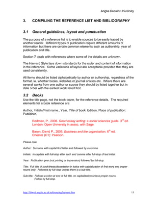 Anglia Ruskin University


3.      COMPILING THE REFERENCE LIST AND BIBLIOGRAPHY


3.1     General guidelines, layout and punctuation

The purpose of a reference list is to enable sources to be easily traced by
another reader. Different types of publication require different amounts of
information but there are certain common elements such as authorship, year of
publication and title.

Section 7 deals with references where some of the details are unknown.

The Harvard Style lays down standards for the order and content of information
in the reference. Some variations of layout are acceptable provided that they are
used consistently.

All Items should be listed alphabetically by author or authorship, regardless of the
format, ie. whether books, websites or journal articles etc. Where there are
several works from one author or source they should by listed together but in
date order with the earliest work listed first.

3.2     Books
Use the title page, not the book cover, for the reference details. The required
elements for a book reference are:

Author, Initials/First name., Year. Title of book. Edition. Place of publication:
Publisher.

        Redman, P., 2006. Good essay writing: a social sciences guide. 3rd ed.
        London: Open University in assoc. with Sage.

        Baron, David P., 2008. Business and the organisation. 6th ed.
        Chester (CT): Pearson.

Please note

Author: Surname with capital first letter and followed by a comma.

Initials: In capitals with full-stop after each and comma after full-stop of last initial.

Year: Publication year (not printing or impression) followed by full-stop.

Title: Full title of book/thesis/dissertation in italics with capitalization of first word and proper
nouns only. Followed by full-stop unless there is a sub-title.

Sub-title: Follows a colon at end of full title, no capitalization unless proper nouns.
           Follow by full-stop.




http://libweb.anglia.ac.uk/referencing/harvard.htm                                                      13
 