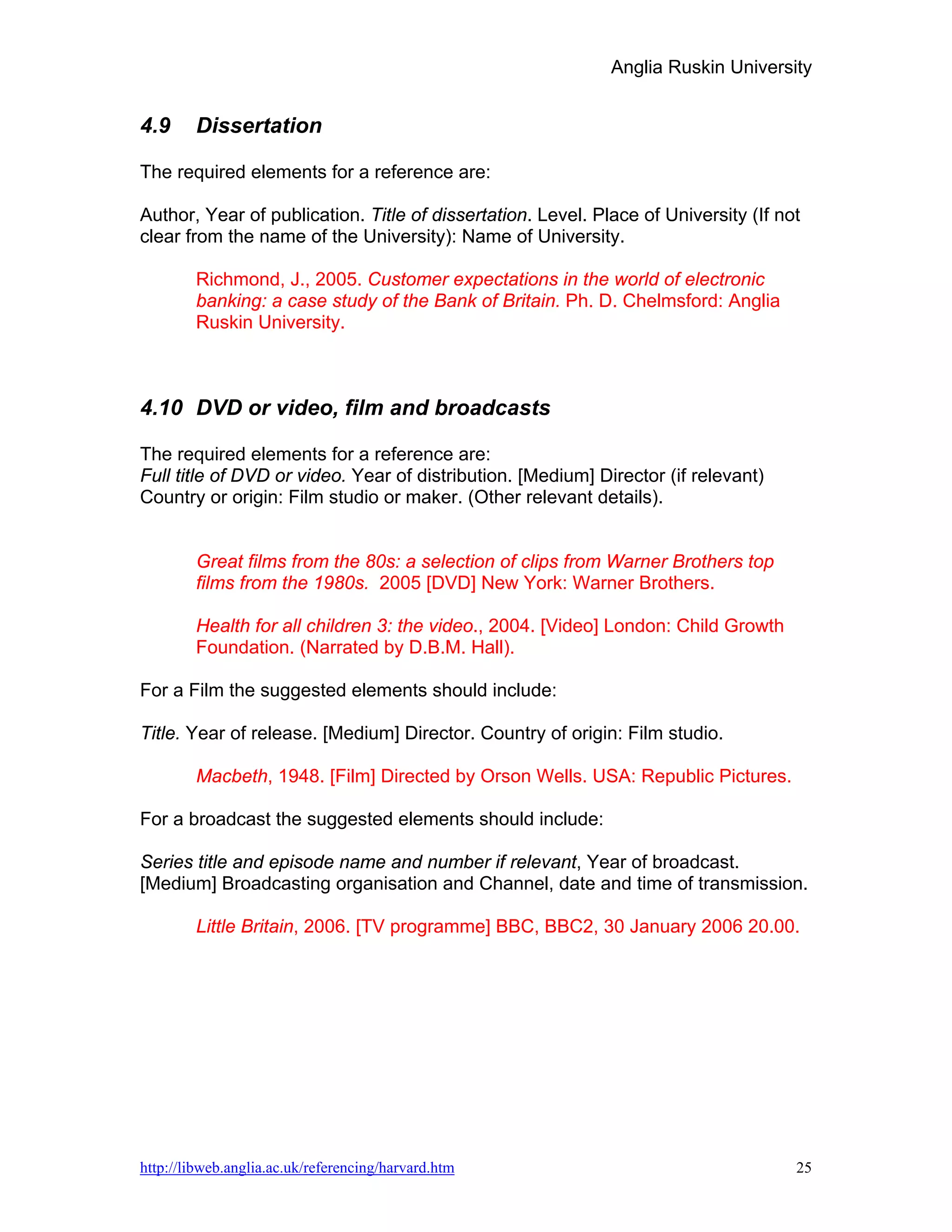 Anglia Ruskin University


4.9     Dissertation

The required elements for a reference are:

Author, Year of publication. Title of dissertation. Level. Place of University (If not
clear from the name of the University): Name of University.

        Richmond, J., 2005. Customer expectations in the world of electronic
        banking: a case study of the Bank of Britain. Ph. D. Chelmsford: Anglia
        Ruskin University.



4.10 DVD or video, film and broadcasts

The required elements for a reference are:
Full title of DVD or video. Year of distribution. [Medium] Director (if relevant)
Country or origin: Film studio or maker. (Other relevant details).


        Great films from the 80s: a selection of clips from Warner Brothers top
        films from the 1980s. 2005 [DVD] New York: Warner Brothers.

        Health for all children 3: the video., 2004. [Video] London: Child Growth
        Foundation. (Narrated by D.B.M. Hall).

For a Film the suggested elements should include:

Title. Year of release. [Medium] Director. Country of origin: Film studio.

        Macbeth, 1948. [Film] Directed by Orson Wells. USA: Republic Pictures.

For a broadcast the suggested elements should include:

Series title and episode name and number if relevant, Year of broadcast.
[Medium] Broadcasting organisation and Channel, date and time of transmission.

        Little Britain, 2006. [TV programme] BBC, BBC2, 30 January 2006 20.00.




http://libweb.anglia.ac.uk/referencing/harvard.htm                                   25
 