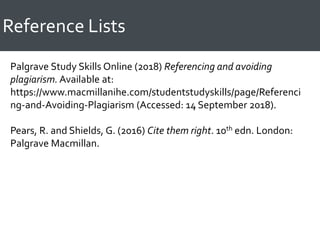 Reference Lists
Palgrave Study Skills Online (2018) Referencing and avoiding
plagiarism. Available at:
https://www.macmillanihe.com/studentstudyskills/page/Referenci
ng-and-Avoiding-Plagiarism (Accessed: 14 September 2018).
Pears, R. and Shields, G. (2016) Cite them right. 10th edn. London:
Palgrave Macmillan.
 