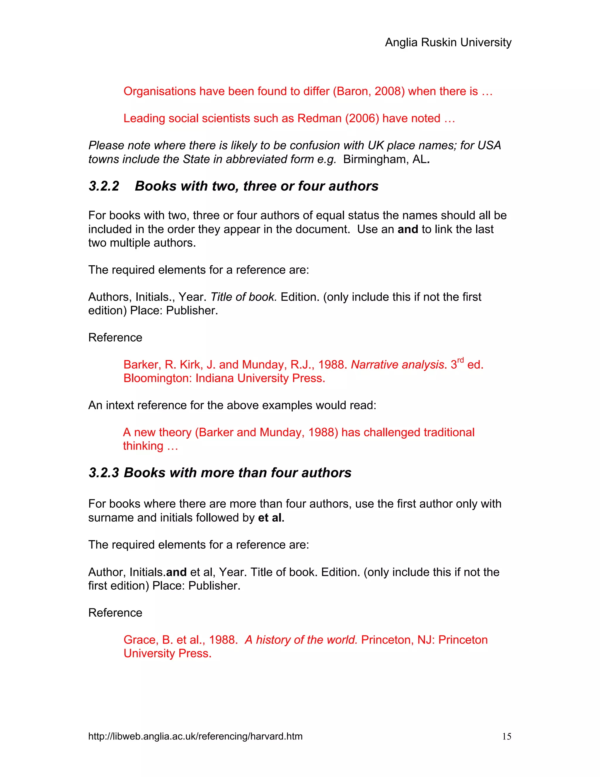 Anglia Ruskin University
http://libweb.anglia.ac.uk/referencing/harvard.htm 15
Organisations have been found to differ (Baron, 2008) when there is …
Leading social scientists such as Redman (2006) have noted …
Please note where there is likely to be confusion with UK place names; for USA
towns include the State in abbreviated form e.g. Birmingham, AL.
3.2.2 Books with two, three or four authors
For books with two, three or four authors of equal status the names should all be
included in the order they appear in the document. Use an and to link the last
two multiple authors.
The required elements for a reference are:
Authors, Initials., Year. Title of book. Edition. (only include this if not the first
edition) Place: Publisher.
Reference
Barker, R. Kirk, J. and Munday, R.J., 1988. Narrative analysis. 3rd
ed.
Bloomington: Indiana University Press.
An intext reference for the above examples would read:
A new theory (Barker and Munday, 1988) has challenged traditional
thinking …
3.2.3 Books with more than four authors
For books where there are more than four authors, use the first author only with
surname and initials followed by et al.
The required elements for a reference are:
Author, Initials.and et al, Year. Title of book. Edition. (only include this if not the
first edition) Place: Publisher.
Reference
Grace, B. et al., 1988. A history of the world. Princeton, NJ: Princeton
University Press.
 