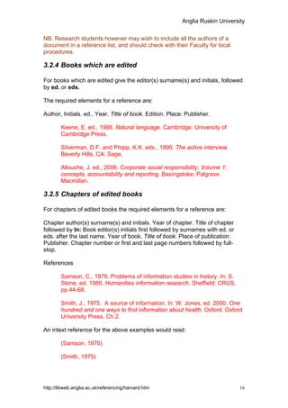 Anglia Ruskin University


NB. Research students however may wish to include all the authors of a
document in a reference list, and should check with their Faculty for local
procedures.

3.2.4 Books which are edited

For books which are edited give the editor(s) surname(s) and initials, followed
by ed. or eds.

The required elements for a reference are:

Author, Initials. ed., Year. Title of book. Edition. Place: Publisher.

        Keene, E. ed., 1988. Natural language. Cambridge: University of
        Cambridge Press.

        Silverman, D.F. and Propp, K.K. eds., 1990. The active interview.
        Beverly Hills, CA: Sage.

        Allouche, J. ed., 2006. Corporate social responsibility, Volume 1:
        concepts, accountability and reporting. Basingstoke: Palgrave
        Macmillan.

3.2.5 Chapters of edited books

For chapters of edited books the required elements for a reference are:

Chapter author(s) surname(s) and initials. Year of chapter. Title of chapter
followed by In: Book editor(s) initials first followed by surnames with ed. or
eds. after the last name. Year of book. Title of book. Place of publication:
Publisher. Chapter number or first and last page numbers followed by full-
stop.

References

        Samson, C., 1970. Problems of information studies in history. In: S.
        Stone, ed. 1980. Humanities information research. Sheffield: CRUS,
        pp.44-68.

        Smith, J., 1975. A source of information. In: W. Jones, ed. 2000. One
        hundred and one ways to find information about health. Oxford: Oxford
        University Press. Ch.2.

An intext reference for the above examples would read:

        (Samson, 1970)

        (Smith, 1975)




http://libweb.anglia.ac.uk/referencing/harvard.htm                               16
 