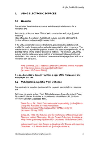 Anglia Ruskin University


5.      USING ELECTRONIC SOURCES


5.1     Websites

For websites found on the worldwide web the required elements for a
reference are:

Authorship or Source, Year. Title of web document or web page. [type of
medium]
(date of update if available) Available at: include web site address/URL
(Uniform Resource Locator) [Accessed date].

If the URL appears to be exceedingly long, provide routing details which
enable the reader to access the particular page via the site’s homepage. You
may be taken to a particular page as a result of a search you performed, or be
directed from a link to another place on a website. The resultant URLs may
include specific data about your method of accessing that page that is not
available to your reader. If this is the case use the homepage (from which the
reference can be found).


        NHS Evidence, 2003. National Library of Guidelines. [online] Available
        at: <http://www.library.nhs.uk/guidelinesFinder>
        [Accessed 10 October 2009 ].

It is good practice to keep in your files a copy of the first page of any
web pages you use

5.2     Publications available from websites

For publications found on the internet the required elements for a reference
are:

Author or corporate author, Year. Title of document. [type of medium] Place:
Producer/Publisher. Available at: include web site address/URL(Uniform
Resource Locator).[Accessed date].

        Boots Group Plc., 2003. Corporate social responsibility. [online] Boots
        Group Plc. Available at: <http://www.Boots-
        Plc.Com/Information/Info.Asp?Level1id=447&Level 2id=0>
        [Accessed 23 July 2005].

        Defoe, D., 1999. The fortunes and the misfortunes of the famous Moll
        Flanders. [online] Champaign, Illinois: Project Gutenberg. Available at:
        <http://www.gutenberg.org/etext/370> [Accessed 18 November 2005].

        Independent Inquiry into Access to Healthcare for People with Learning
        Disabilities. n.d. Healthcare for all. [online] Available at:


http://libweb.anglia.ac.uk/referencing/harvard.htm                             33
 