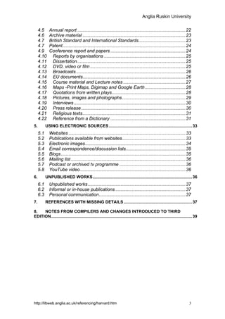 Anglia Ruskin University


     4.5     Annual report .....................................................................................22
     4.6     Archive material .................................................................................23
     4.7     British Standard and International Standards.....................................23
     4.7     Patent.................................................................................................24
     4.9     Conference report and papers ...........................................................24
     4.10     Reports by organisations ................................................................25
     4.11     Dissertation .....................................................................................25
     4.12     DVD, video or film ...........................................................................25
     4.13     Broadcasts ......................................................................................26
     4.14     EU documents.................................................................................26
     4.15     Course material and Lecture notes .................................................27
     4.16     Maps -Print Maps, Digimap and Google Earth................................28
     4.17     Quotations from written plays..........................................................28
     4.18     Pictures, images and photographs..................................................29
     4.19     Interviews........................................................................................30
     4.20     Press release ..................................................................................30
     4.21     Religious texts.................................................................................31
     4.22     Reference from a Dictionary ...........................................................31
5.         USING ELECTRONIC SOURCES ........................................................................ 33
     5.1     Websites ............................................................................................33
     5.2     Publications available from websites..................................................33
     5.3     Electronic images...............................................................................34
     5.4     Email correspondence/discussion lists...............................................35
     5.5     Blogs ..................................................................................................35
     5.6     Mailing list ..........................................................................................36
     5.7     Podcast or archived tv programme ....................................................36
     5.8     YouTube video...................................................................................36
6.         UNPUBLISHED WORKS...................................................................................... 36
     6.1     Unpublished works.............................................................................37
     6.2     Informal or in-house publications .......................................................37
     6.3     Personal communication....................................................................37
7.         REFERENCES WITH MISSING DETAILS ........................................................... 37

8.   NOTES FROM COMPILERS AND CHANGES INTRODUCED TO THIRD
EDITION.......................................................................................................................... 39




http://libweb.anglia.ac.uk/referencing/harvard.htm                                                                           3
 