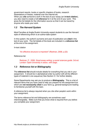 Anglia Ruskin University


government reports, books or specific chapters of books, research
dissertations or theses, material over the internet etc. 
When you cite someone’s work in the text of your essay (an in-text citation),
you also need to create a full reference for it at the end of your work. This
gives the full details for the information source so that it can be traced by
anyone who reads your work.

1.2     The Harvard System

Most Faculties at Anglia Ruskin University expect students to use the Harvard
style of referencing which is an author-date system

In this system, the author's surname and year of publication are cited in the
text of your work. The full details of the book are included in a reference list
at the end of the assignment.

In-text citation

        “An effective structure is important” (Redman, 2006, p.22)

Reference list

        Redman, P., 2006. Good essay writing: a social sciences guide. 3rd ed.
        London: Open University in assoc. with Sage.

1.3     Reference list or Bibliography

The reference list should include details for everything that you cite in your
assignment. It should be in alphabetical order by author with all the different
types of material in one sequence( See Section 3.1 for further details).

Some Departments may ask you to produce a Bibliography. This is a list of
relevant items that you have used to help you prepare for the assignment but
which are not necessarily cited in your text e.g. general background reading
to familiarise yourself with the topic.

A reference list is always required when you cite other people’s work within
your assignment.

The terms reference list and bibliography are sometimes used
interchangeably. Make sure that you know what is required from you before
you complete your assignment.




http://libweb.anglia.ac.uk/referencing/harvard.htm                                 5
 