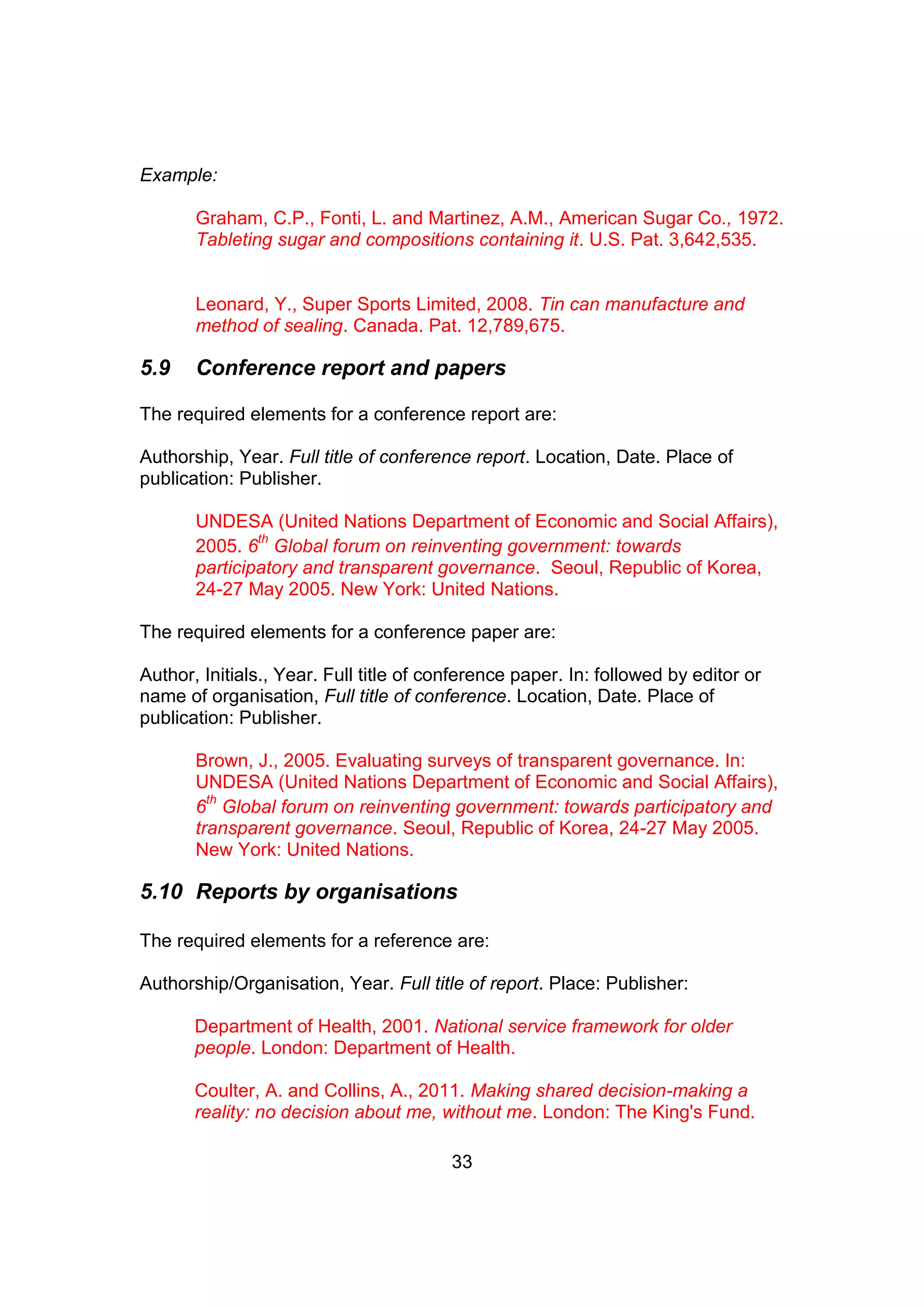 33
Example:
Graham, C.P., Fonti, L. and Martinez, A.M., American Sugar Co., 1972.
Tableting sugar and compositions containing it. U.S. Pat. 3,642,535.
Leonard, Y., Super Sports Limited, 2008. Tin can manufacture and
method of sealing. Canada. Pat. 12,789,675.
5.9 Conference report and papers
The required elements for a conference report are:
Authorship, Year. Full title of conference report. Location, Date. Place of
publication: Publisher.
UNDESA (United Nations Department of Economic and Social Affairs),
2005. 6
th
Global forum on reinventing government: towards
participatory and transparent governance. Seoul, Republic of Korea,
24-27 May 2005. New York: United Nations.
The required elements for a conference paper are:
Author, Initials., Year. Full title of conference paper. In: followed by editor or
name of organisation, Full title of conference. Location, Date. Place of
publication: Publisher.
Brown, J., 2005. Evaluating surveys of transparent governance. In:
UNDESA (United Nations Department of Economic and Social Affairs),
6
th
Global forum on reinventing government: towards participatory and
transparent governance. Seoul, Republic of Korea, 24-27 May 2005.
New York: United Nations.
5.10 Reports by organisations
The required elements for a reference are:
Authorship/Organisation, Year. Full title of report. Place: Publisher:
Department of Health, 2001. National service framework for older
people. London: Department of Health.
Coulter, A. and Collins, A., 2011. Making shared decision-making a
reality: no decision about me, without me. London: The King's Fund.
 