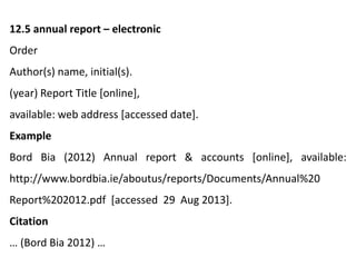 12.5 annual report – electronic
Order
Author(s) name, initial(s).
(year) Report Title [online],
available: web address [accessed date].
Example
Bord Bia (2012) Annual report & accounts [online], available:
http://www.bordbia.ie/aboutus/reports/Documents/Annual%20
Report%202012.pdf [accessed 29 Aug 2013].
Citation
… (Bord Bia 2012) …
 