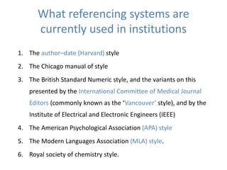 What referencing systems are
currently used in institutions
1. The author–date (Harvard) style
2. The Chicago manual of style
3. The British Standard Numeric style, and the variants on this
presented by the International Committee of Medical Journal
Editors (commonly known as the ‘Vancouver’ style), and by the
Institute of Electrical and Electronic Engineers (IEEE)
4. The American Psychological Association (APA) style
5. The Modern Languages Association (MLA) style.
6. Royal society of chemistry style.
 