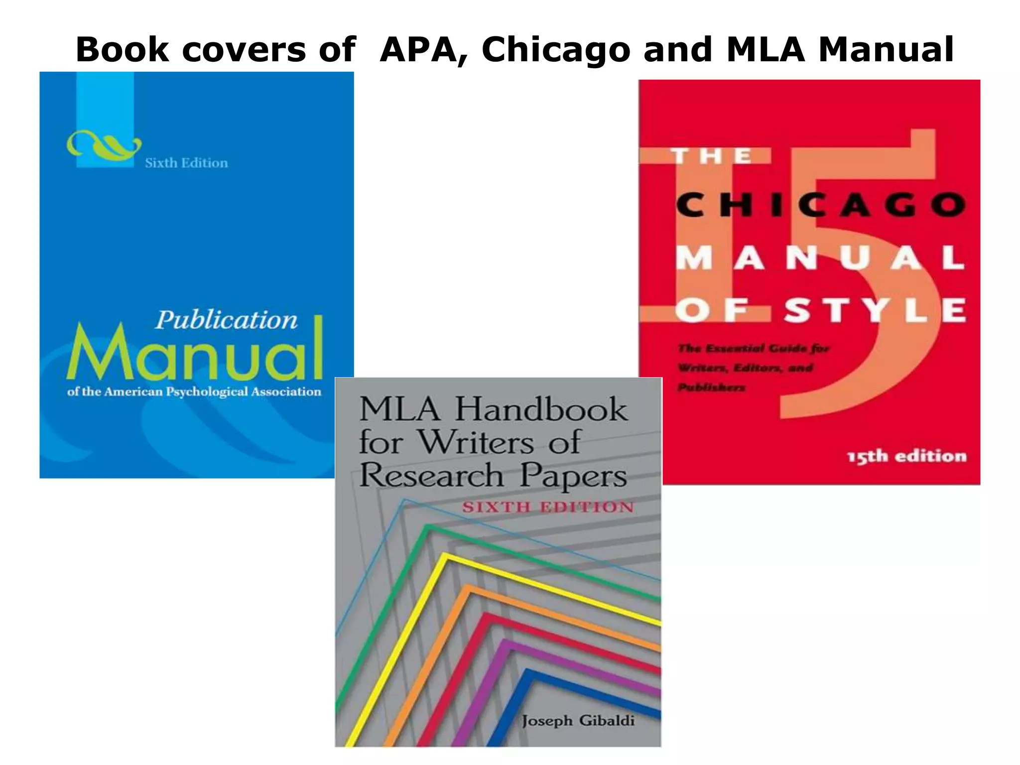 Book covers of APA, Chicago and MLA Manual
 