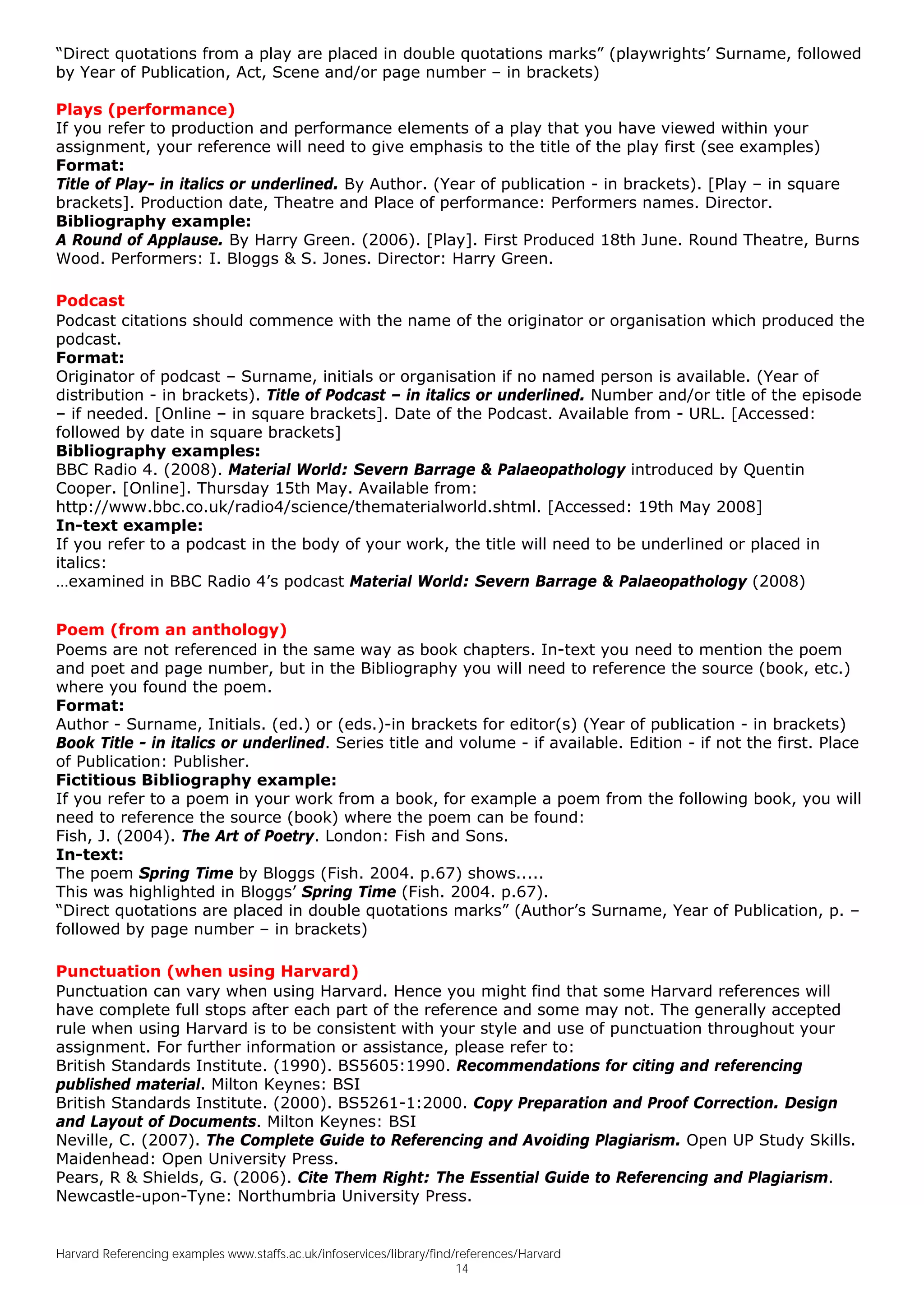 “Direct quotations from a play are placed in double quotations marks” (playwrights’ Surname, followed
by Year of Publication, Act, Scene and/or page number – in brackets)

Plays (performance)
If you refer to production and performance elements of a play that you have viewed within your
assignment, your reference will need to give emphasis to the title of the play first (see examples)
Format:
Title of Play- in italics or underlined. By Author. (Year of publication - in brackets). [Play – in square
brackets]. Production date, Theatre and Place of performance: Performers names. Director.
Bibliography example:
A Round of Applause. By Harry Green. (2006). [Play]. First Produced 18th June. Round Theatre, Burns
Wood. Performers: I. Bloggs & S. Jones. Director: Harry Green.

Podcast
Podcast citations should commence with the name of the originator or organisation which produced the
podcast.
Format:
Originator of podcast – Surname, initials or organisation if no named person is available. (Year of
distribution - in brackets). Title of Podcast – in italics or underlined. Number and/or title of the episode
– if needed. [Online – in square brackets]. Date of the Podcast. Available from - URL. [Accessed:
followed by date in square brackets]
Bibliography examples:
BBC Radio 4. (2008). Material World: Severn Barrage & Palaeopathology introduced by Quentin
Cooper. [Online]. Thursday 15th May. Available from:
http://www.bbc.co.uk/radio4/science/thematerialworld.shtml. [Accessed: 19th May 2008]
In-text example:
If you refer to a podcast in the body of your work, the title will need to be underlined or placed in
italics:
…examined in BBC Radio 4’s podcast Material World: Severn Barrage & Palaeopathology (2008)


Poem (from an anthology)
Poems are not referenced in the same way as book chapters. In-text you need to mention the poem
and poet and page number, but in the Bibliography you will need to reference the source (book, etc.)
where you found the poem.
Format:
Author - Surname, Initials. (ed.) or (eds.)-in brackets for editor(s) (Year of publication - in brackets)
Book Title - in italics or underlined. Series title and volume - if available. Edition - if not the first. Place
of Publication: Publisher.
Fictitious Bibliography example:
If you refer to a poem in your work from a book, for example a poem from the following book, you will
need to reference the source (book) where the poem can be found:
Fish, J. (2004). The Art of Poetry. London: Fish and Sons.
In-text:
The poem Spring Time by Bloggs (Fish. 2004. p.67) shows.....
This was highlighted in Bloggs’ Spring Time (Fish. 2004. p.67).
“Direct quotations are placed in double quotations marks” (Author’s Surname, Year of Publication, p. –
followed by page number – in brackets)

Punctuation (when using Harvard)
Punctuation can vary when using Harvard. Hence you might find that some Harvard references will
have complete full stops after each part of the reference and some may not. The generally accepted
rule when using Harvard is to be consistent with your style and use of punctuation throughout your
assignment. For further information or assistance, please refer to:
British Standards Institute. (1990). BS5605:1990. Recommendations for citing and referencing
published material. Milton Keynes: BSI
British Standards Institute. (2000). BS5261-1:2000. Copy Preparation and Proof Correction. Design
and Layout of Documents. Milton Keynes: BSI
Neville, C. (2007). The Complete Guide to Referencing and Avoiding Plagiarism. Open UP Study Skills.
Maidenhead: Open University Press.
Pears, R & Shields, G. (2006). Cite Them Right: The Essential Guide to Referencing and Plagiarism.
Newcastle-upon-Tyne: Northumbria University Press.


Harvard Referencing examples www.staffs.ac.uk/infoservices/library/find/references/Harvard
                                                                        14
 