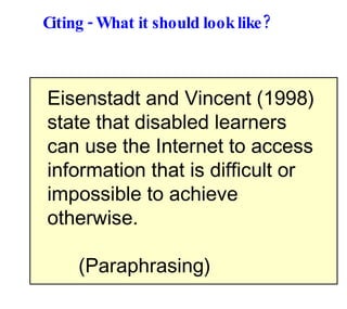Citing - What it should look like? Eisenstadt and Vincent (1998)  state that disabled learners can use the Internet to access information that is difficult or impossible to achieve otherwise. (Paraphrasing) 