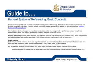 Harvard System of Referencing: Basic Concepts
This Guide is designed to help you start using the Harvard System of Referencing. It introduces the concepts of referencing and
provides some basic examples. For more detailed information, please see the Library website for our comprehensive Harvard
System of Referencing Guide

You must show clearly where you have used someone else’s work in your assignments e.g. when you quote or paraphrase
someone else’s work. The Harvard Referencing System is designed to help you do this.

Harvard referencing consists of two elements. You will need to include both of these in your academic work. These two elements
are in-text citations and detailed references. Both of these elements together are known as referencing.

In-text citations:
Each time you refer to someone else’s work in your assignment, you need to include the author’s name and the date of their work
within your text at the point where you discuss their ideas. This is called citing the author’s work.

e.g. the following sentence could be used in your essay where you refer to ideas detailed in a book by Lori Garrett.....

      It has been suggested that classical music can help to create a calm study environment in which students can focus on their work (Garrett, 2011)
 