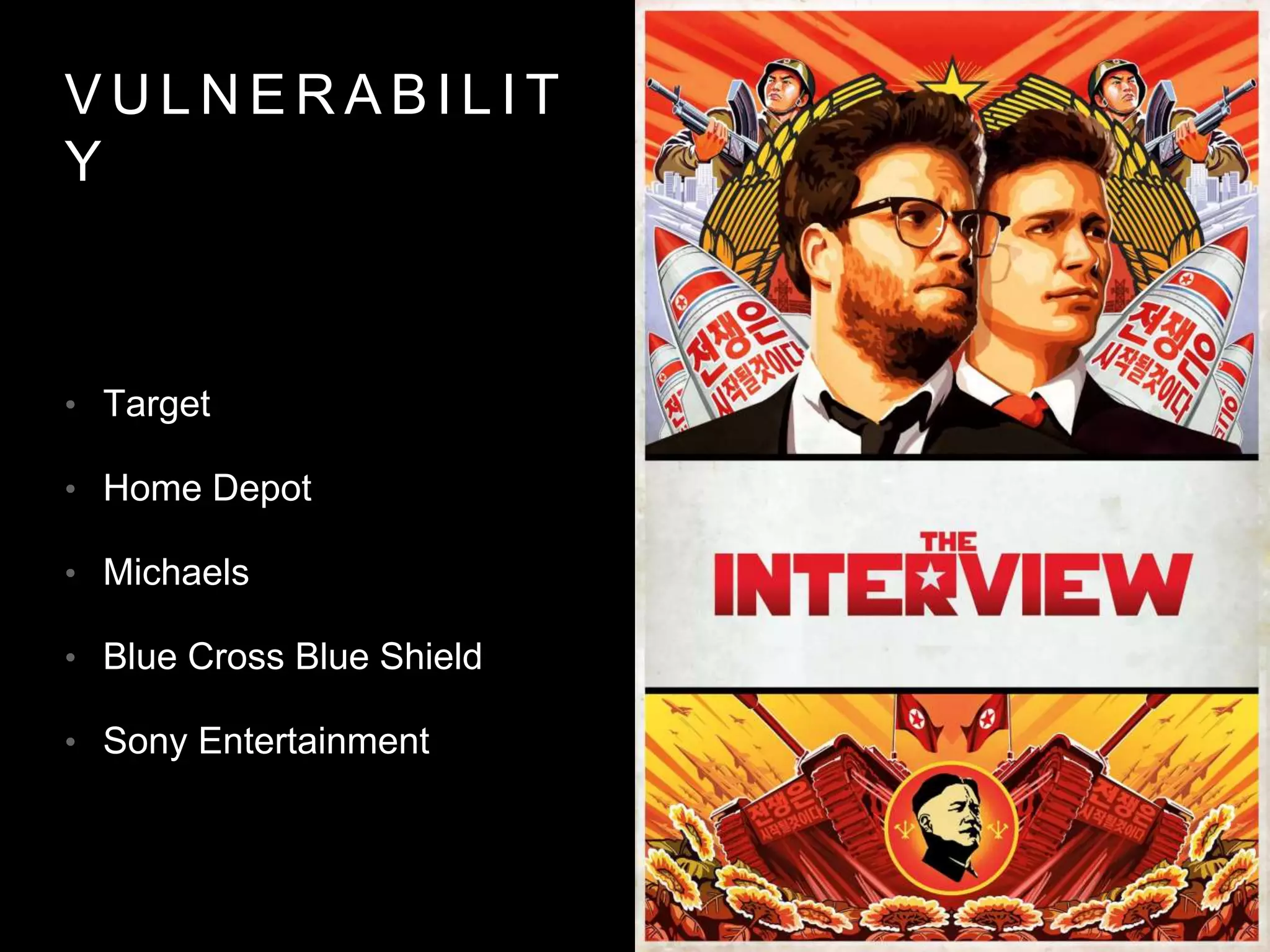 V U L N E R A B I L I T
Y
• Target
• Home Depot
• Michaels
• Blue Cross Blue Shield
• Sony Entertainment
 