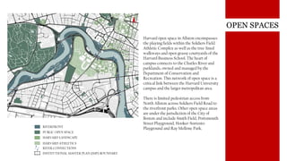 OPEN SPACES
Harvard open space in Allston encompasses
the playing fields within the Soldiers Field
Athletic Complex as well as the tree-lined
walkways and open grassy courtyards of the
Harvard Business School. The heart of
campus connects to the Charles River and
parklands, owned and managed by the
Department of Conservation and
Recreation. This network of open space is a
critical link between the Harvard University
campus and the larger metropolitan area.
There is limited pedestrian access from
North Allston across Soldiers Field Road to
the riverfront parks. Other open space areas
are under the jurisdiction of the City of
Boston and include Smith Field, Portsmouth
Street Playground, Hooker-Sorrento
Playground and Ray Mellone Park.RIVERFRONT
PUBLIC OPEN SPACE
HARVARD LANDSCAPE
HARVARD ATHLETICS
RIVER CONNECTIONS
INSTITUTIONAL MASTER PLAN (IMP) BOUNDARY
 