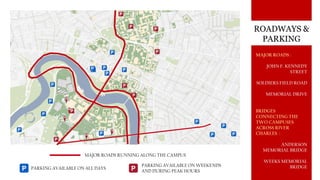ROADWAYS &
PARKING
P PPARKING AVAILABLE ON ALL DAYS
PARKING AVAILABLE ON WEEKENDS
AND DURING PEAK HOURS
MAJOR ROADS RUNNING ALONG THE CAMPUS
MAJOR ROADS :
JOHN F. KENNEDY
STREET
SOLDIERS FIELD ROAD
MEMORIAL DRIVE
BRIDGES
CONNECTING THE
TWO CAMPUSES
ACROSS RIVER
CHARLES :
ANDERSON
MEMORIAL BRIDGE
WEEKS MEMORIAL
BRIDGE
 